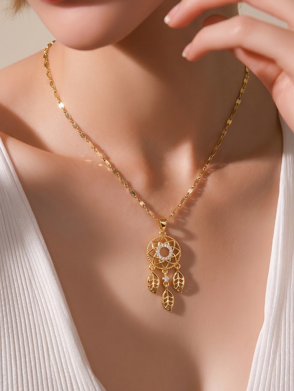 Gold Dreamcatcher Pendant Necklace Moonstone CZ Halo Stainless Steel Boho Gift